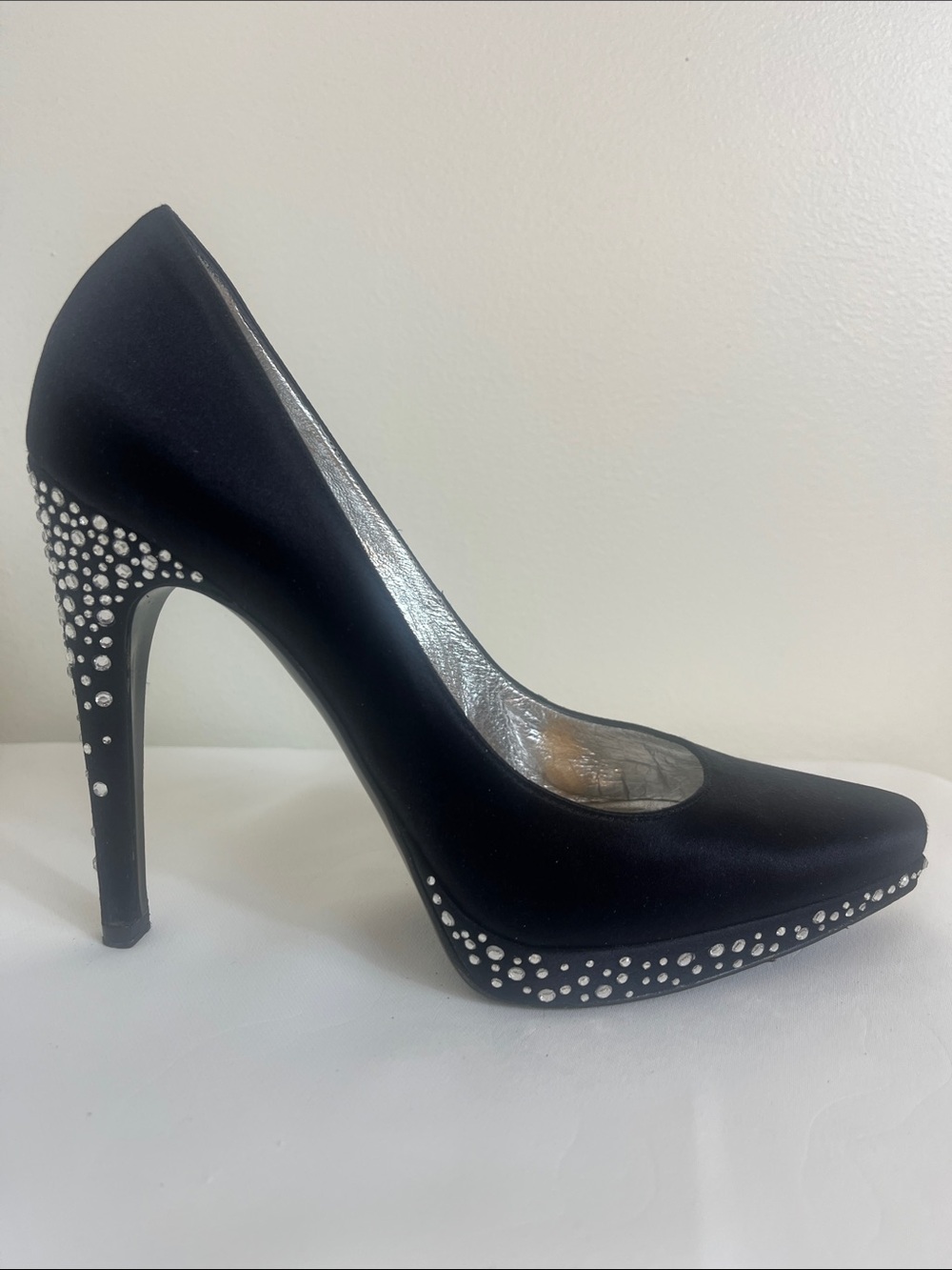 Casadei Black Crystal-Studded Satin High Heel Pumps